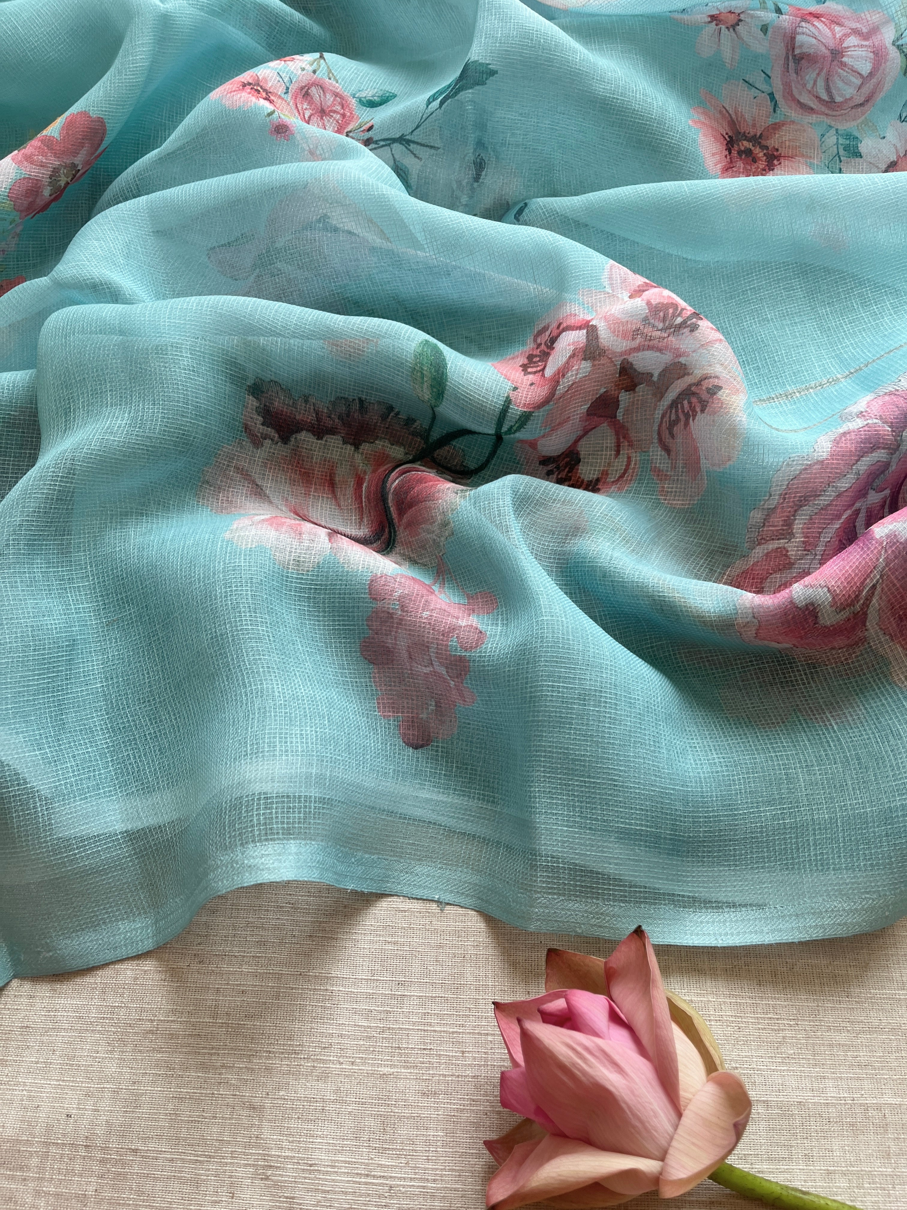 Blue Floral linen Silk Saree